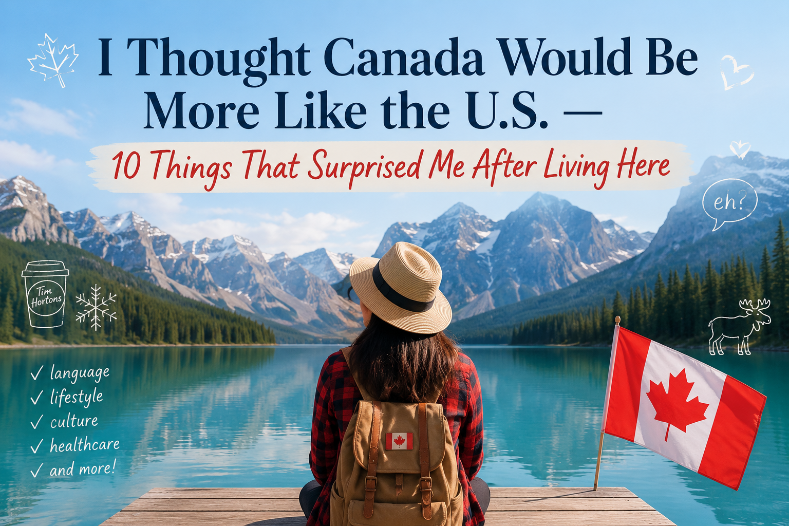 A Canadian landscape with a Canadian flag, representing everyday life in Canada